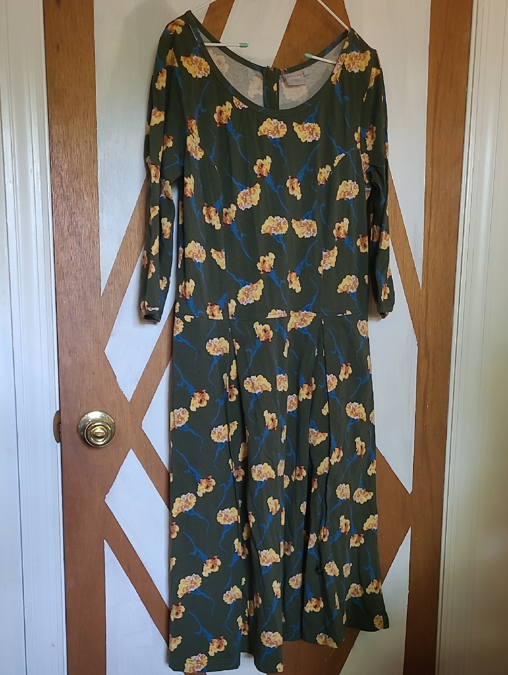 eshakti Olive Green Midi Dress with Yellow Floral Print